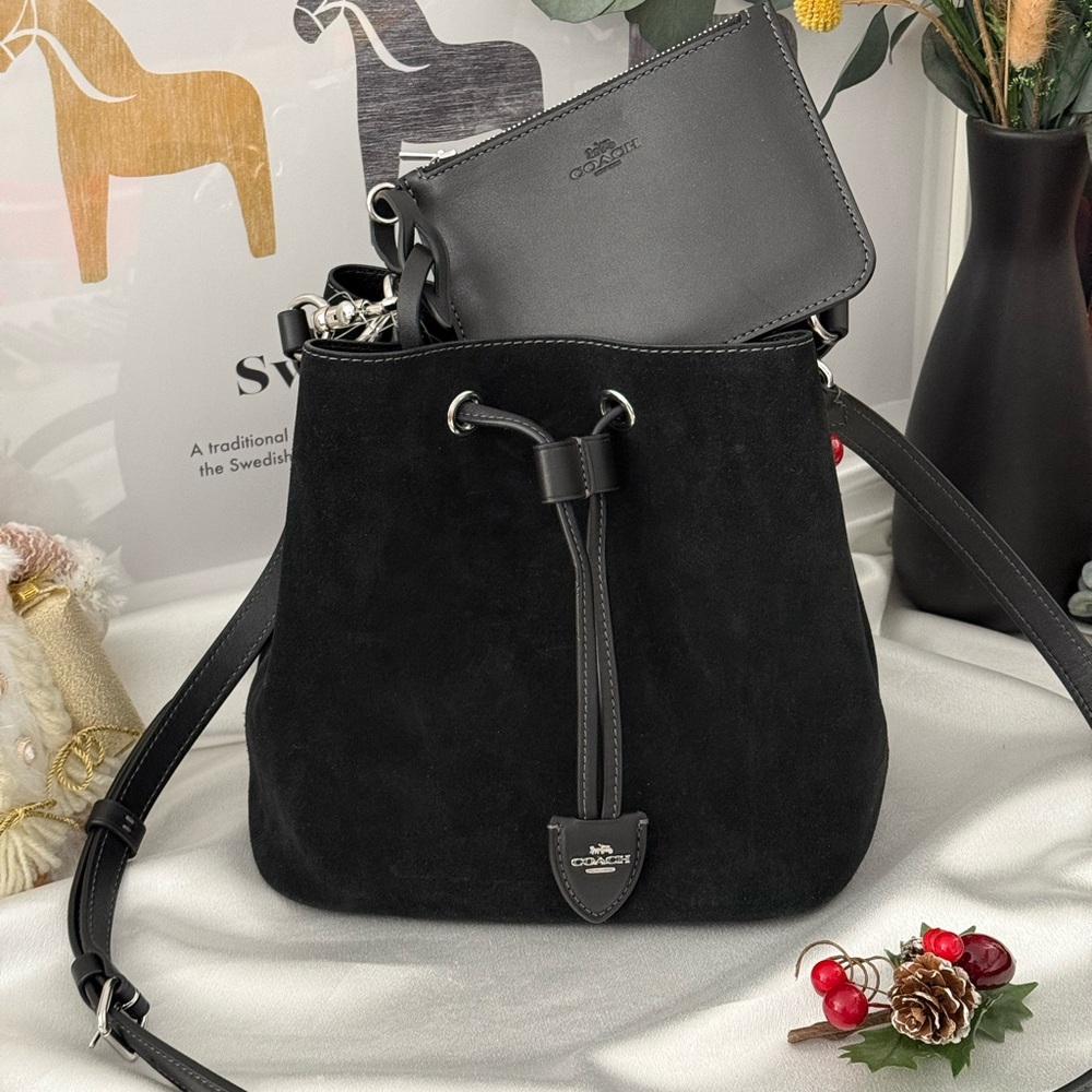 Coach Rowan Bucket Bag With Cherry Charm CCZ89 Suede/Silver/Black - Picture 5 of 9